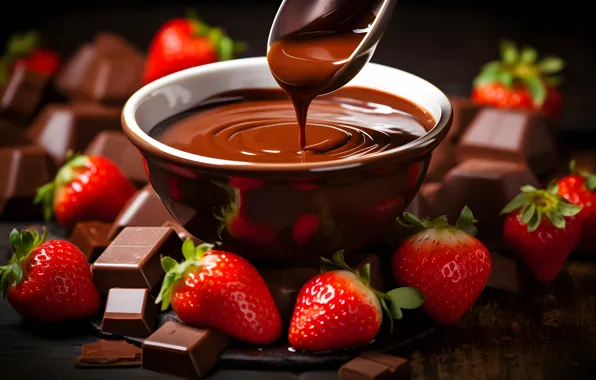 Berries, the dark background, table, Board, chocolate, strawberry, spoon, bowl