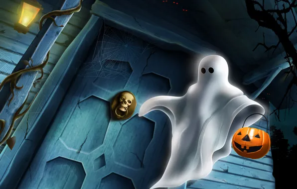 Skull, the door, Ghost, lantern, pumpkin, Halloween