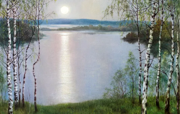 Picture grass, the sun, lake, birch, KonstantinDverin