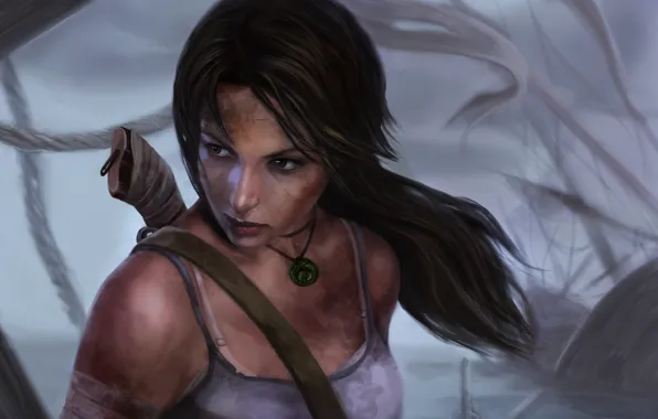 Look, face, hair, dirt, art, knife, ponytail, Lara Croft