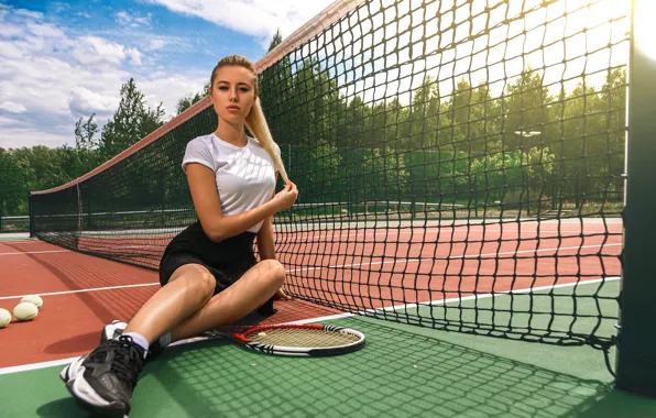 Picture mesh, blonde, racket, sitting, court, Margo, Dmitry Medved