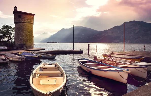Picture sea, mountains, boats, morning, pier, Italy