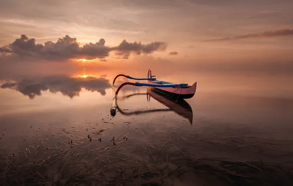 Picture sea, sunset, boat, calm