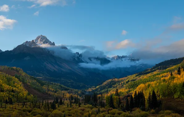 Autumn, forest, the sky, clouds, mountains, blue, the slopes, tops