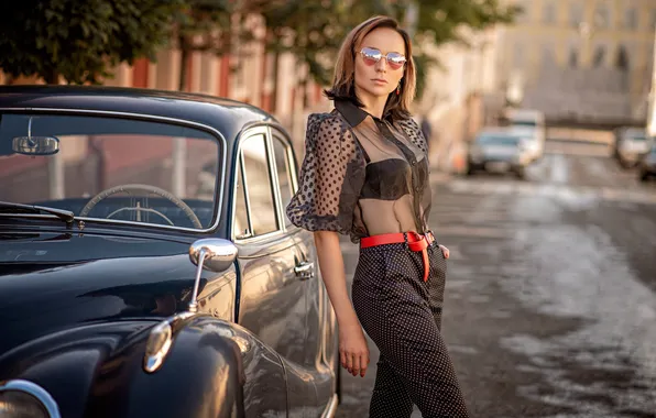 Machine, auto, girl, pose, retro, glasses, blouse, pants