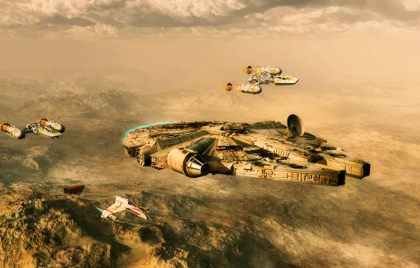 Desert, planet, fighters, star wars, spaceship, millenium falcon