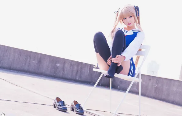 Picture Asian, long hair, blue eyes, women, cosplay, blonde, sitting, bangs