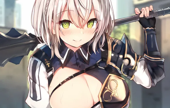 Girl, sexy, cleavage, pink hair, boobs, anime, beautiful, short hair