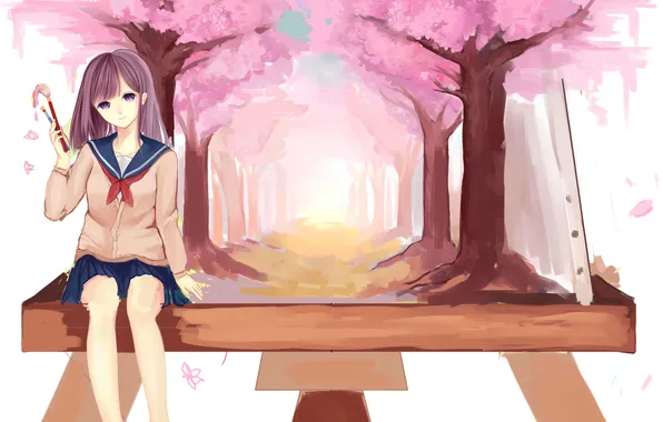 Girl, trees, anime, Sakura, art, form, schoolgirl, brush