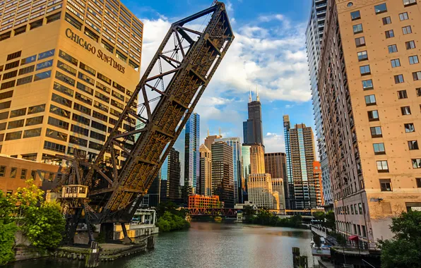 Picture river, home, skyscrapers, morning, Chicago, ILLINOIS, Chicago San-times, raised bridge