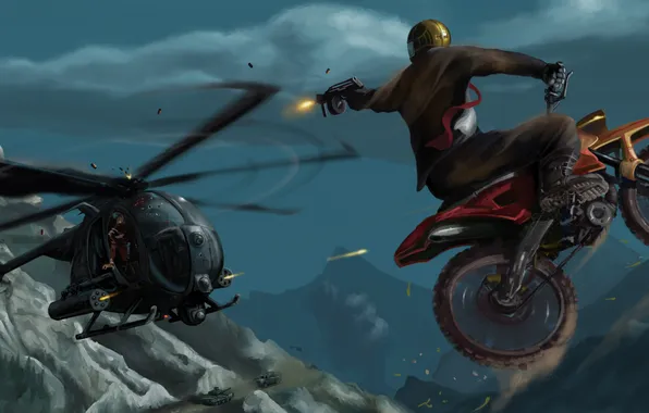 Mountains, jump, helicopter, Motorcycle, shots