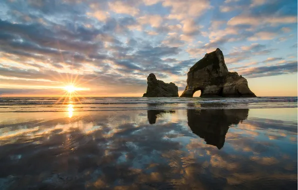 Sea, the sun, sunset, rock, arch, new Zealand