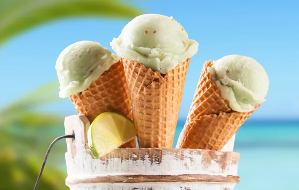Ice cream, horn, a slice of lime