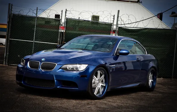 Blue, reflection, the fence, BMW, BMW, blue, barbed wire, E93