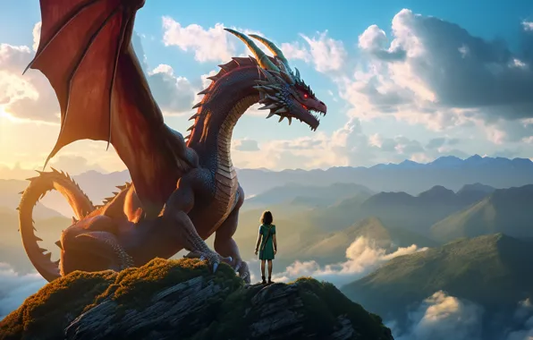 Picture Clouds, Girl, Mountains, Dragon, Dawn, Wings, Digital art, AI art