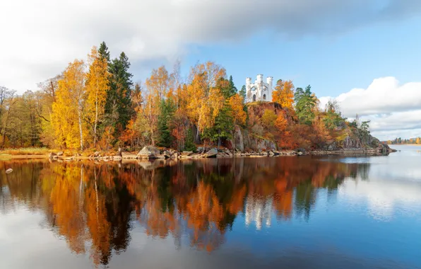Autumn, trees, reflection, island, Bay, Leningrad oblast, Eduard Gordeev, Mon repos