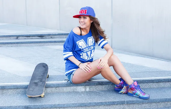 Girl, shorts, beautiful, cute, skateboard