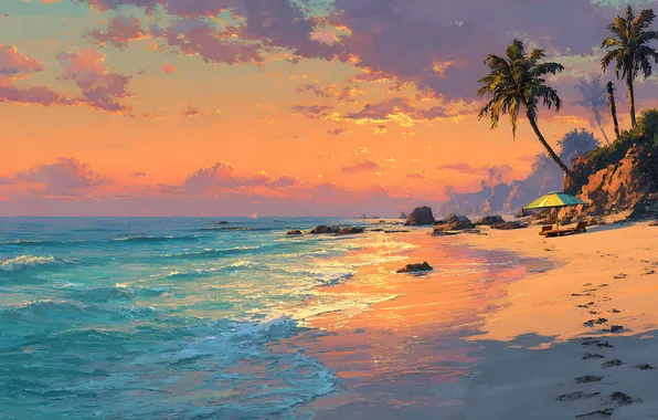 Sand, sea, wave, beach, summer, the sky, the sun, clouds