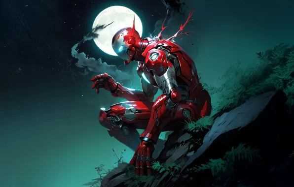 Picture night, steel, armor, The moon, costume, haze, Iron man, Iron Man