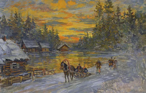 Landscape, home, village, sleigh, at sunset, Konstantin Korovin