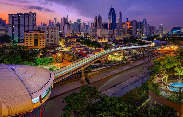 The city, lights, building, home, the evening, channel, Malaysia, Kuala Lumpur