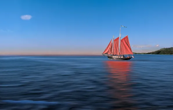 Picture the ocean, sailboat, horizon, scarlet sails