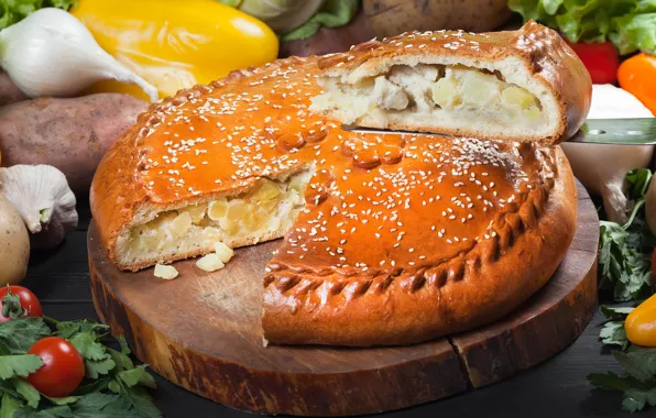 Chicken, pie, vegetables, cakes, potatoes