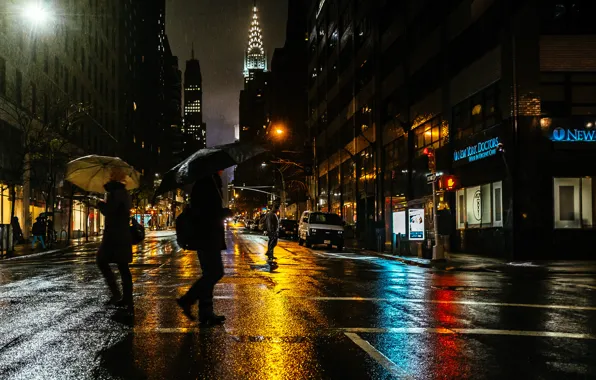 Light, night, the city, people, rain, street, New York, USA