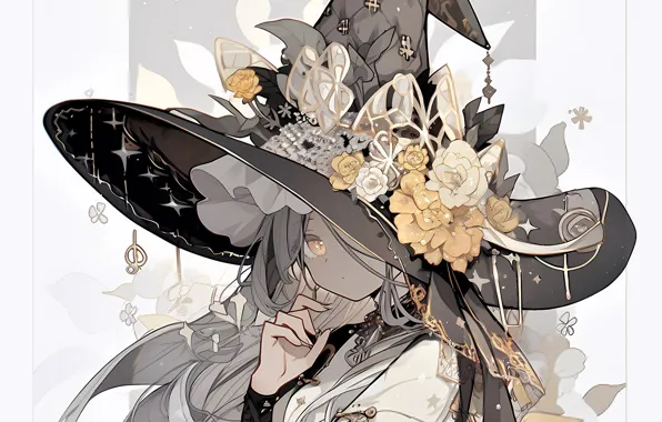 Decoration, grey hair, yellow eyes, witch hat, witch