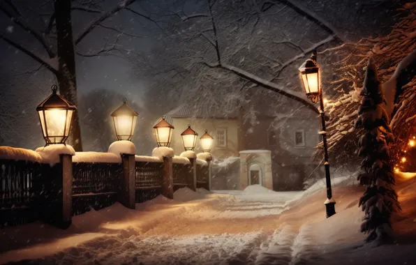 Winter, snow, trees, night, lights, Park, street, lights