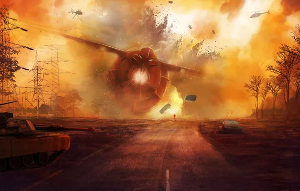 Road, people, ship, the crash, helicopters, art, tank, power lines