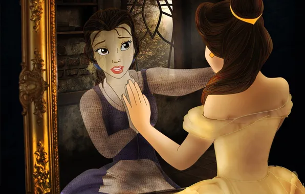 Picture reflection, dress, mirror, hairstyle, beauty and the beast, Belle, beauty and the beast