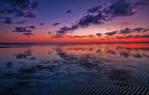 Sand, sea, the sky, water, clouds, sunset, reflection, river