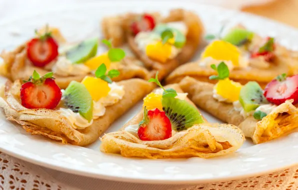 Orange, kiwi, strawberry, fruit, pancakes