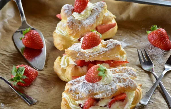 Picture berries, strawberry, cake, cream, dessert, eclairs