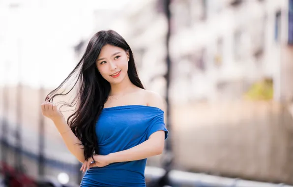 Girl, dress, brunette, Asian, bokeh