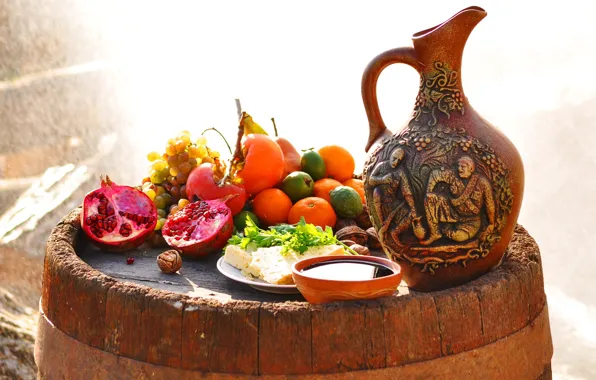 Cheese, grapes, pitcher, fruit, nuts, garnet, Mandarin, persimmon