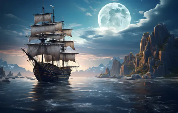 Picture Sea, Night, Rocks, The moon, Ship, Sailboat, Digital art, AI art