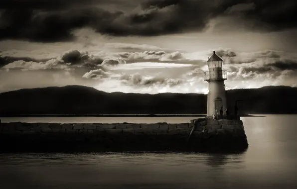 Water, clouds, clouds, shore, lighthouse, black and white