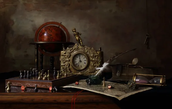 Pen, watch, key, chess, figurine, still life, globe, ink