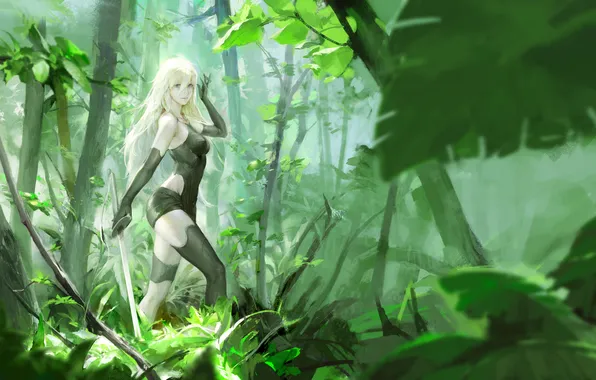 Greens, girl, sword, katana, jungle, NieR Automata