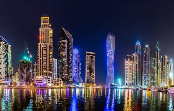 River, night lights, skyscraper, Night, The city, Dubai