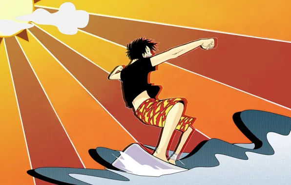 Wave, the sun, surfing, one piece, straw hat, Luffy