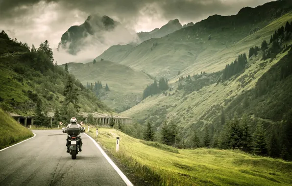 Road, grass, landscape, mountains, nature, markup, blur, motorcycle