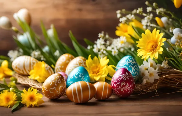 Flowers, eggs, spring, colorful, Easter, happy, flowers, spring