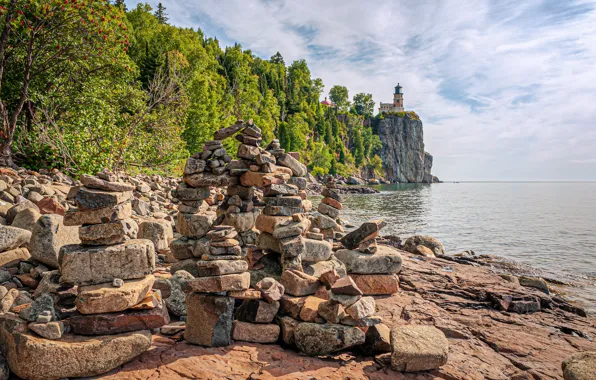 Sea, stones, photo, lighthouse, USA, North Shore Park