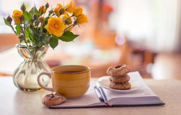 Tea, coffee, roses, yellow, cookies, Cup, Notepad, vase