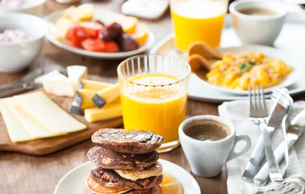 Coffee, Breakfast, cheese, juice, meals, omelette, pancake