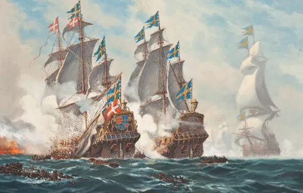 Sea, wave, fire, ships, boats, battle, sails, the battle