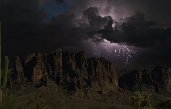 The storm, the sky, clouds, mountains, clouds, rocks, lightning, silhouettes